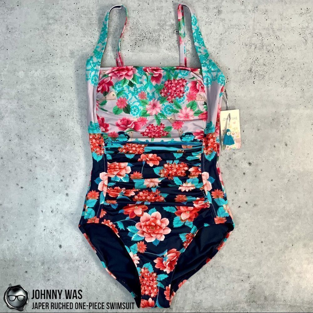 JOHNNY WAS JAPER RUCHED ONE PIECE SWIMSUIT IN FLORAL BLUE RED SMALL, LARGE NEW - Picture 8 of 16